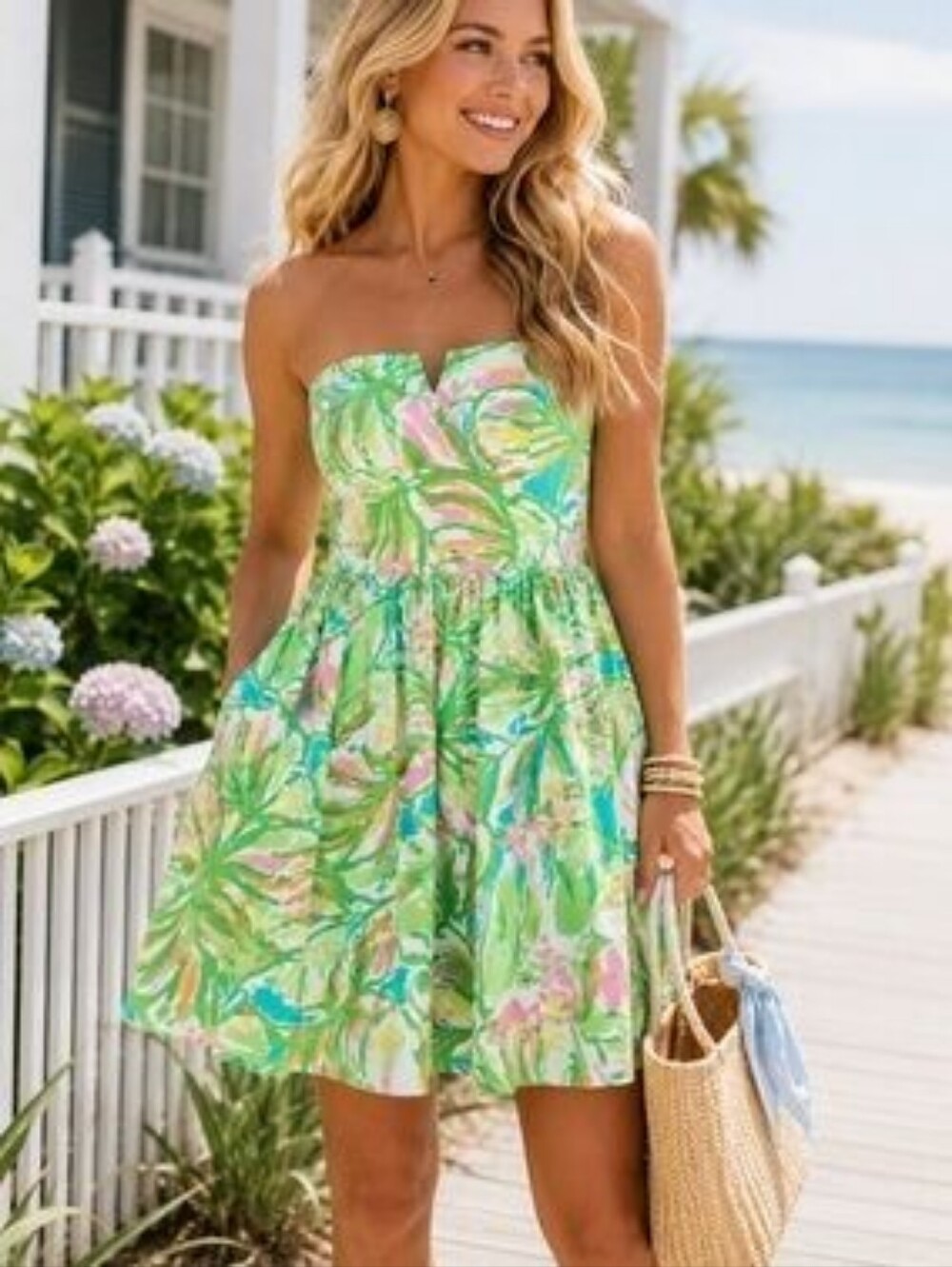 Lilly Pulitzer Richelle Strapless Dress, tropical "Elephant Ear" Print Sz 2